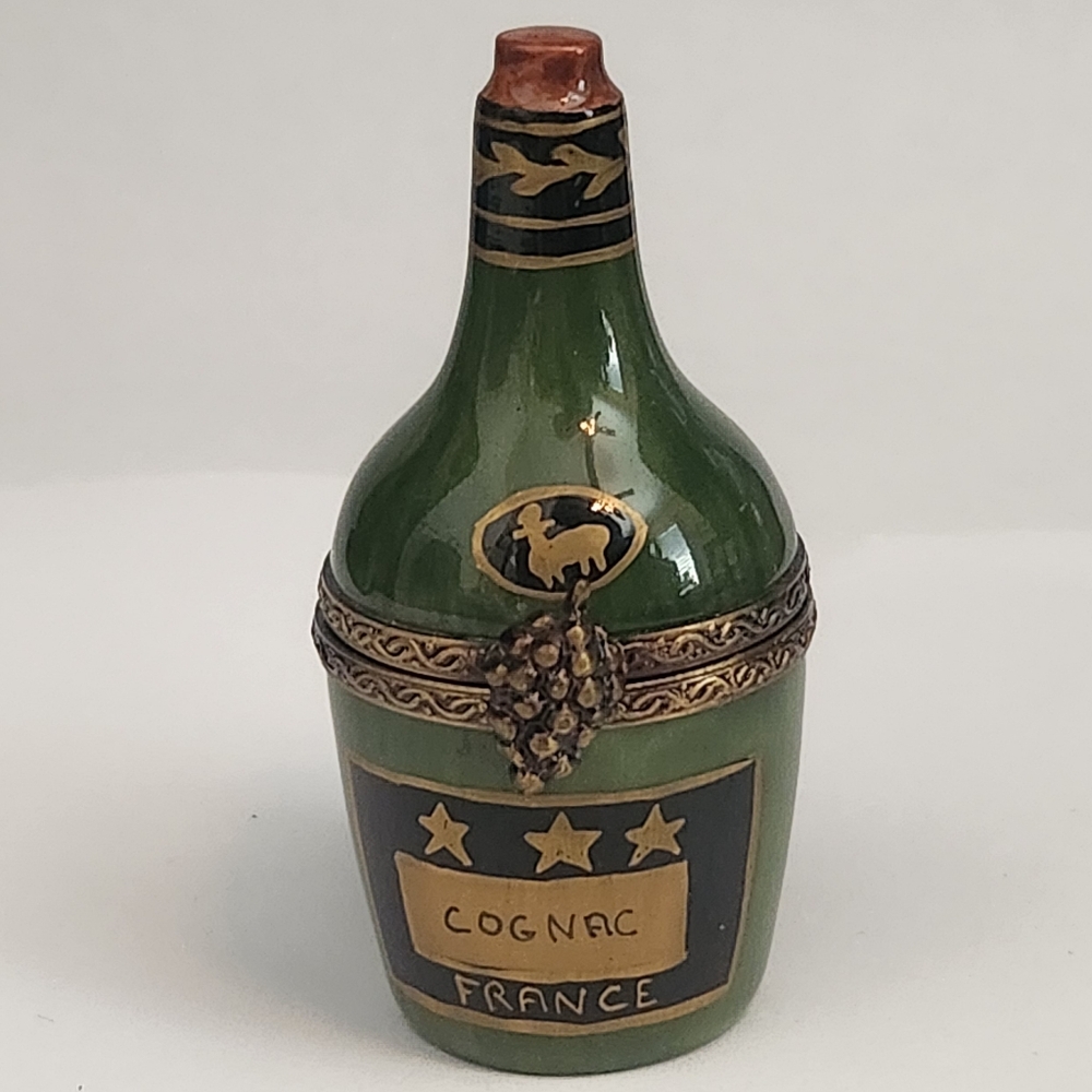 Limoges France Green and Gold Cognac Bottle Figurine Box